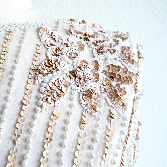 Vintage 80s Cream White Silk Bead Sequin Blouse - Picture 4 of 6